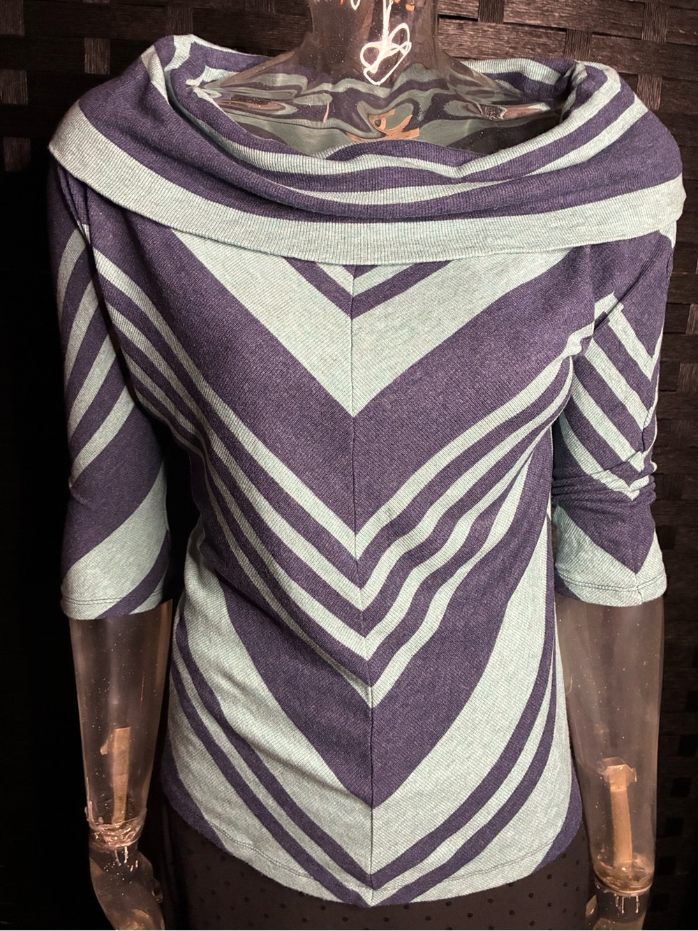 Bordeaux Green and Light Blue Chevron Off-Shoulder Sweater